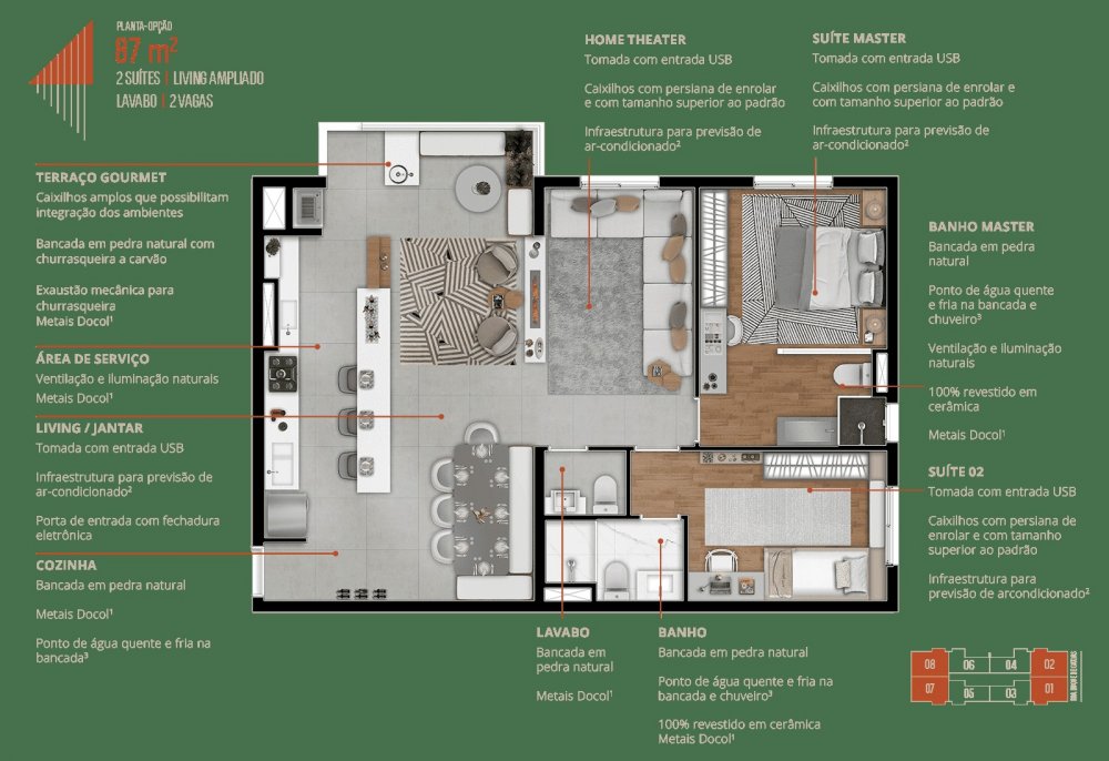 87m 2 suites living